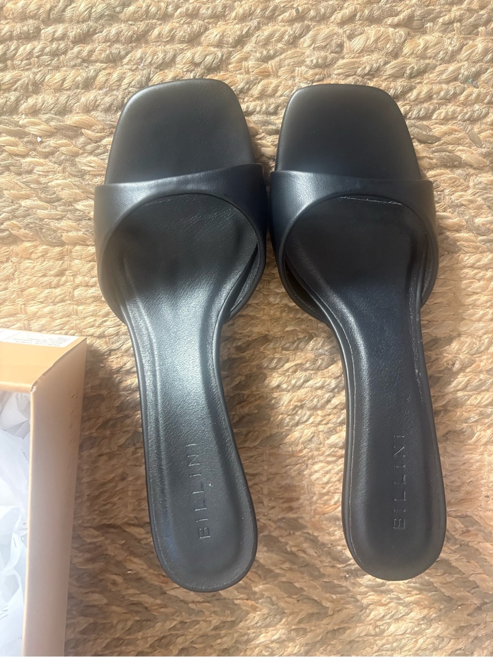Billini Black Leather Square-Toe Slide Mules